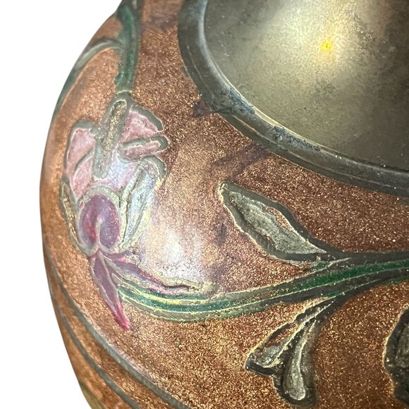 Vintage Solid Brass Cloisonne Floral Vase Heavy Enamel 6" Bronze Pink Green Boho - Picture 5 of 9